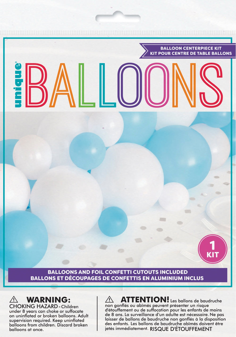 Blue White & Silver Balloon Garland Table Runner with Foil Confetti Cutouts