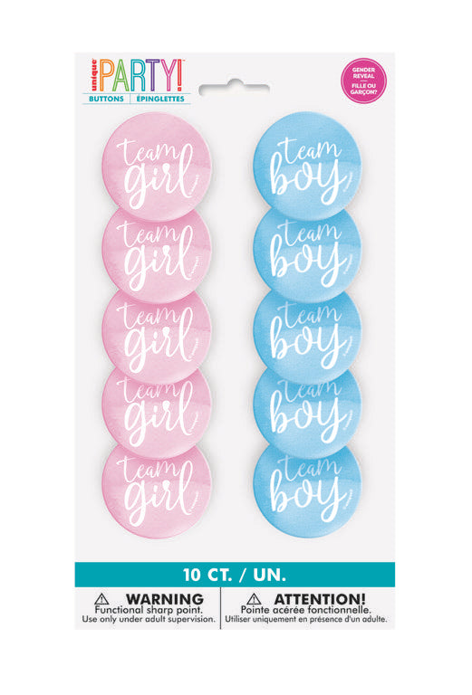 Team Boy or Team Girl Gender Reveal Buttons 10ct
