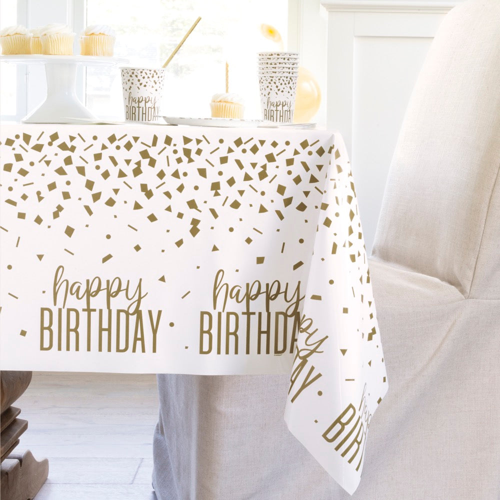 Confetti Gold Birthday Plastic Table Cover 54in x 84in