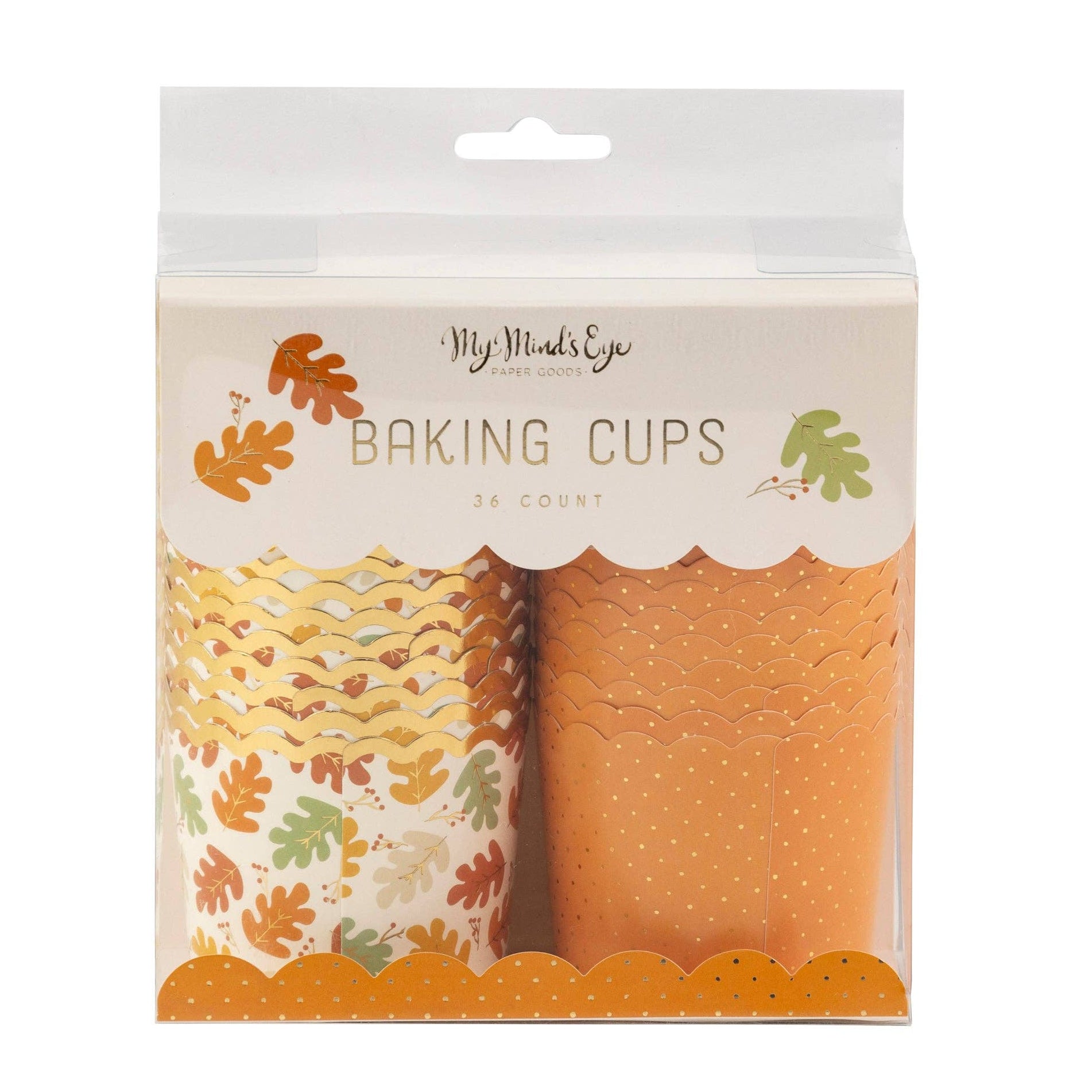 Packaging of baking cups with autumn leaf designs on a white background