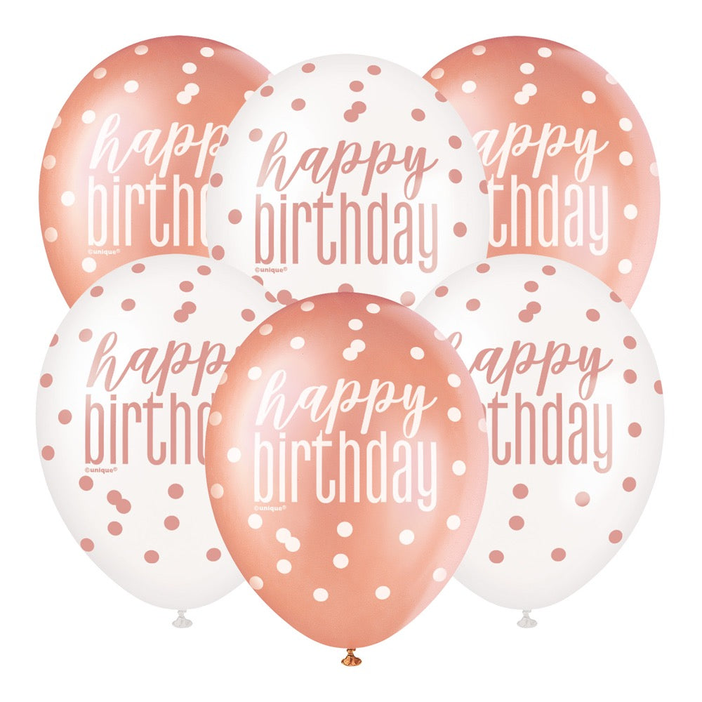 Rose Gold 12in Latex Balloons 12ct - Happy Birthday