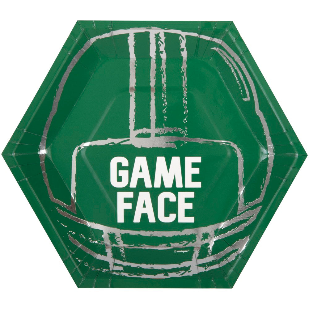 Football Toss Game Face Hexagon Shaped 9.25in Dinner  Plates 8ct - Foil Stamping