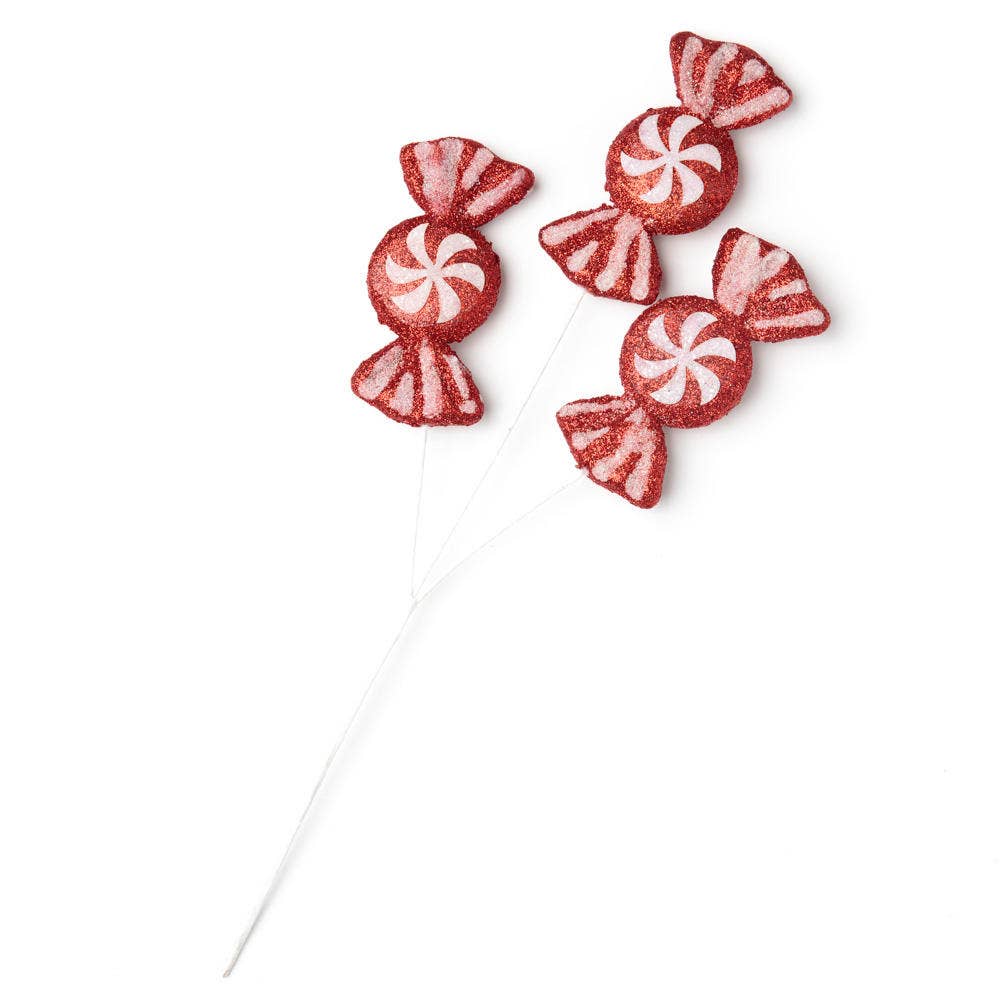 14" Glittered Red and White Holiday Candy Pick