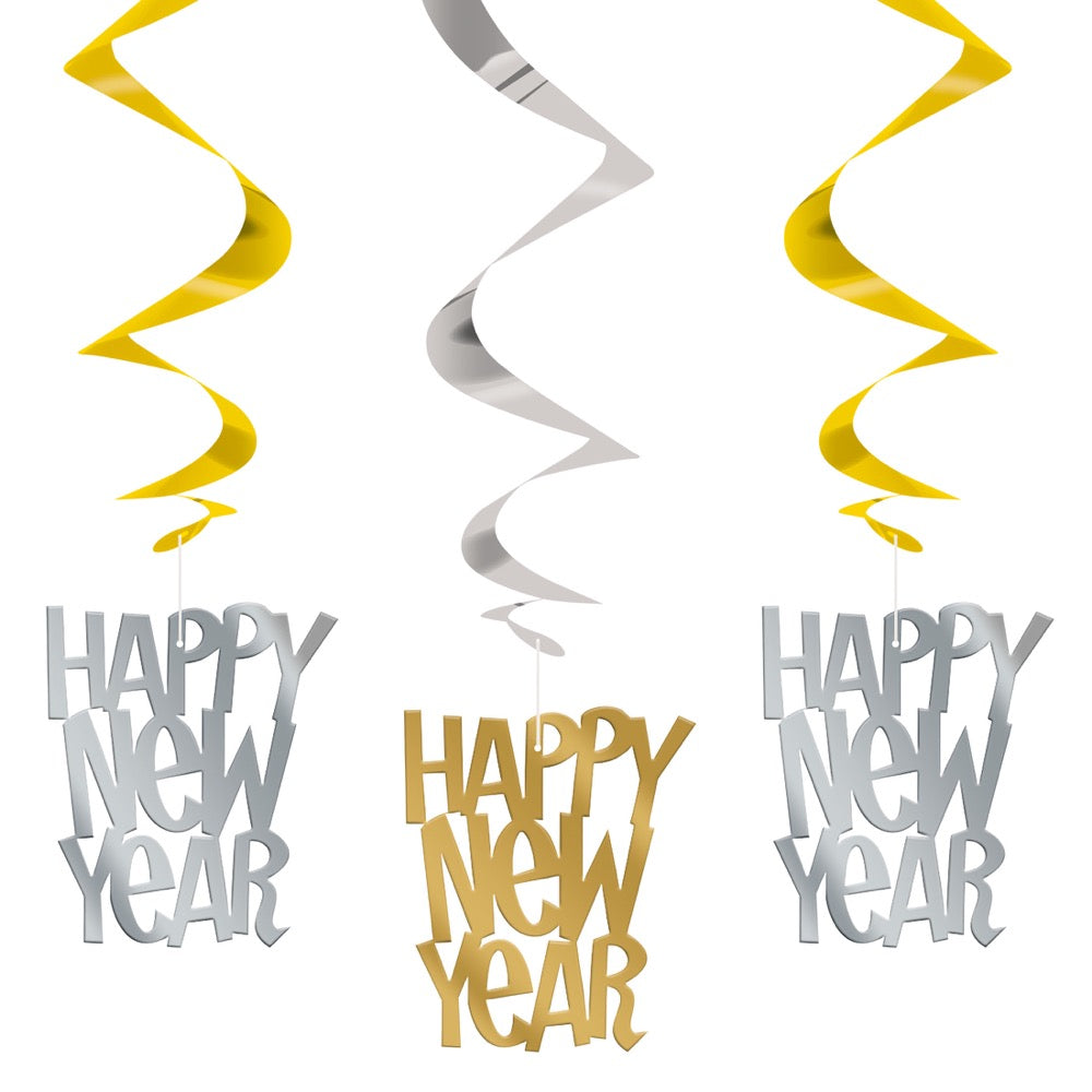 New Years Gold & Silver 26in Hanging Swirl Decorations 3ct