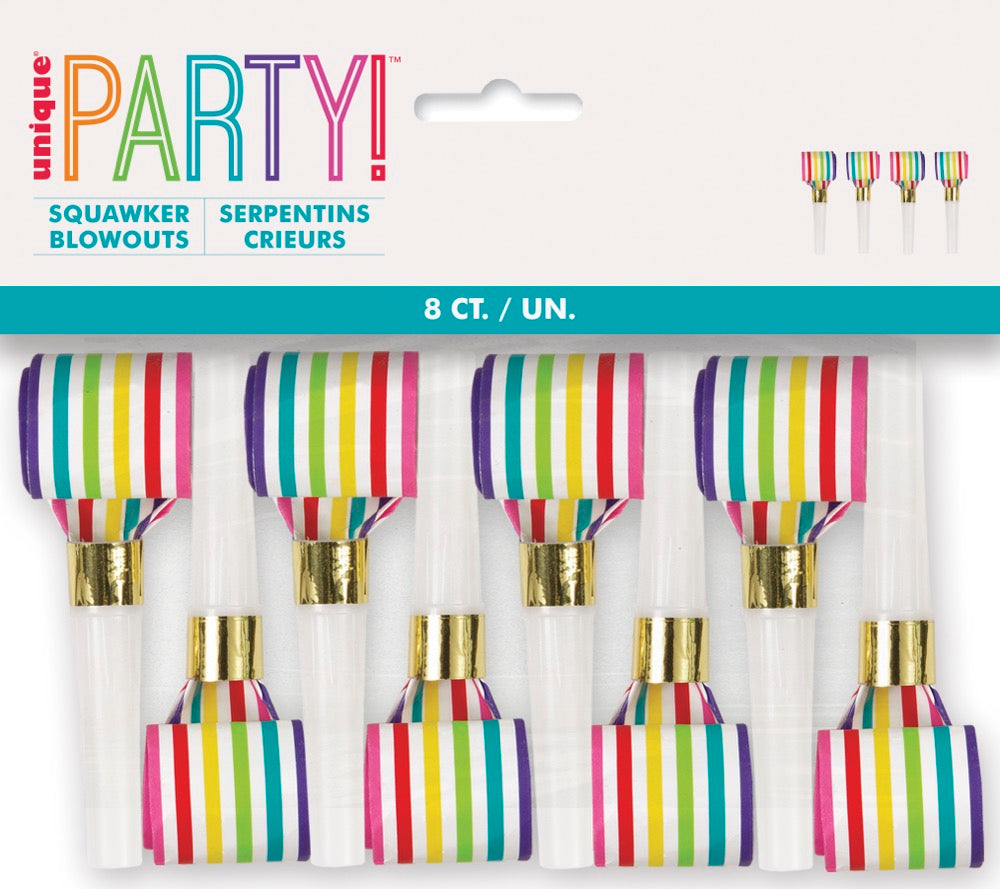 Rainbow Stripe Squawker Blowouts 8ct