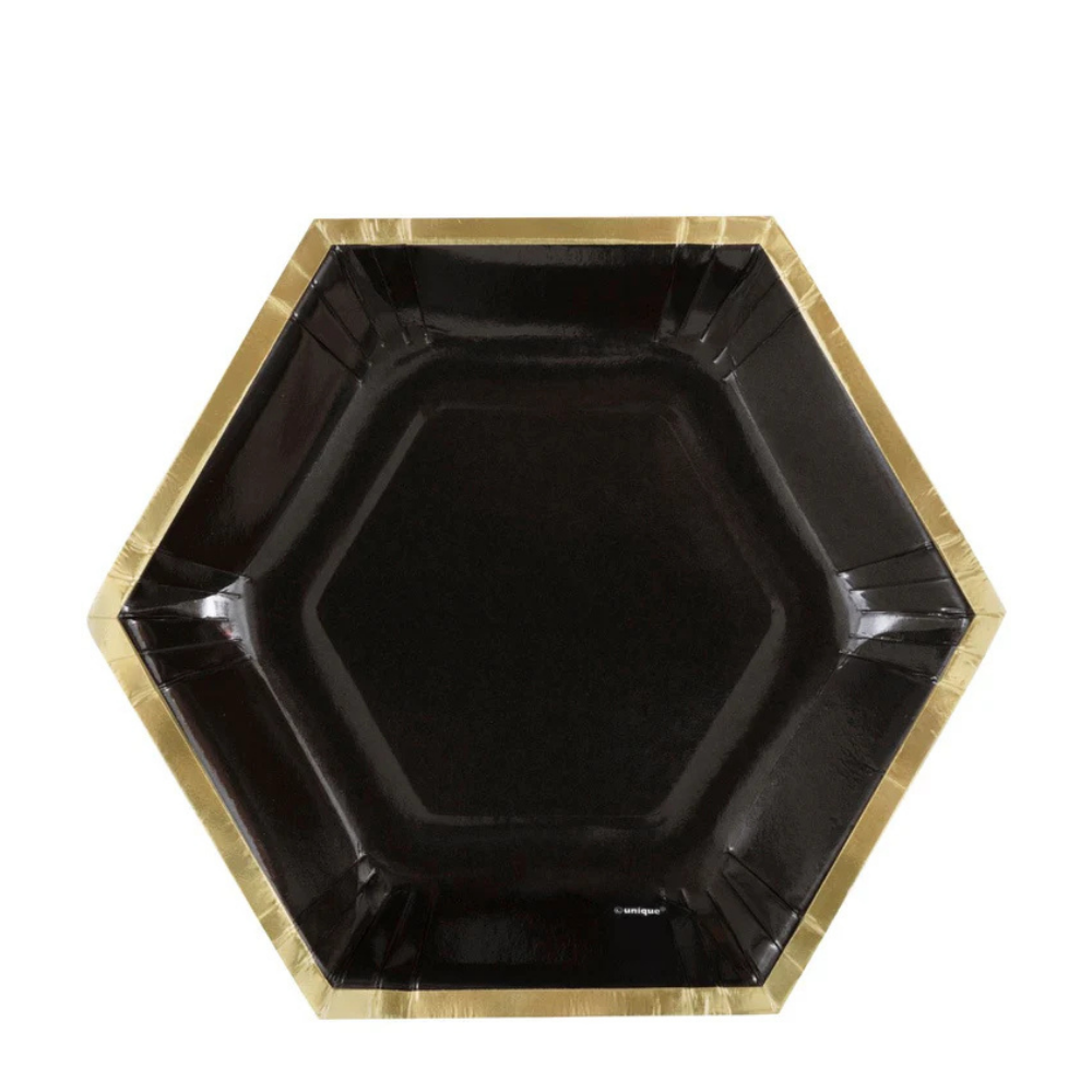 Black Hexagon-Shaped 8.25in Dessert Plates 8ct - Gold Foil Border