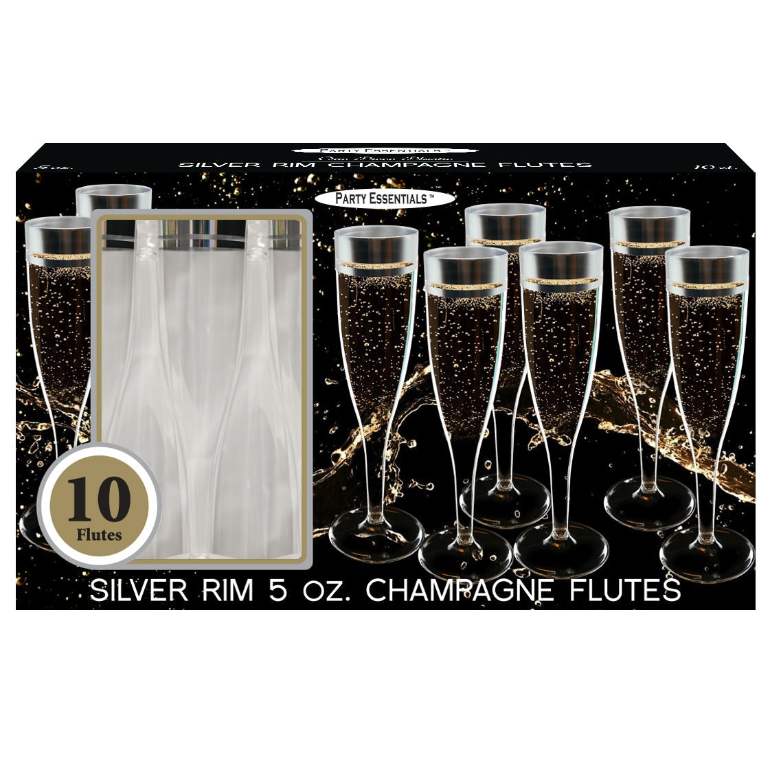 5oz Champagne Flutes 1-Piece - Silver Rim 10ct