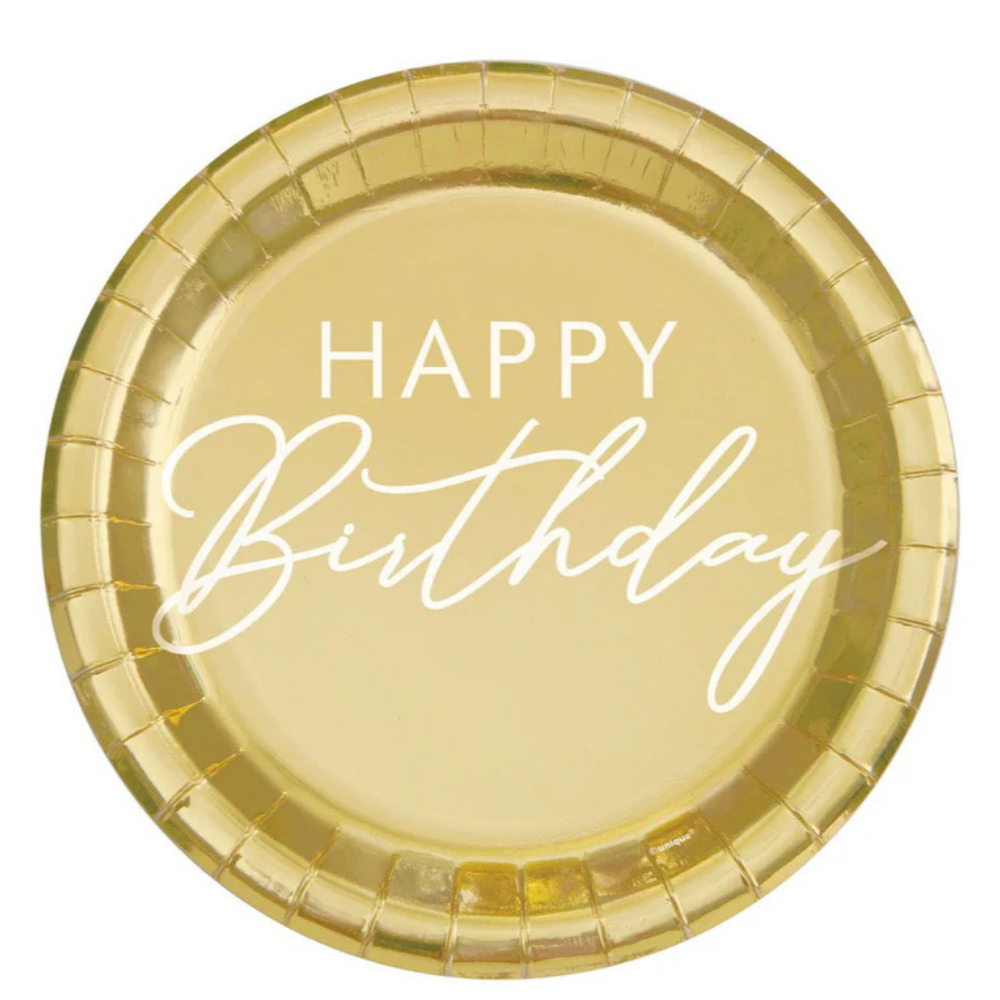 Gold Happy Birthday Foil 9in Dinner Plates 8ct