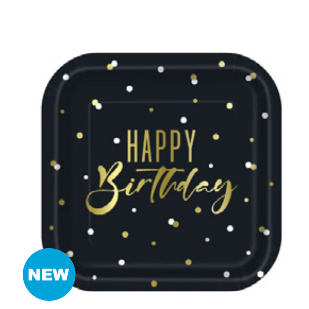 Gold Happy Birthday Square Foil 7in Dessert Plates 8ct