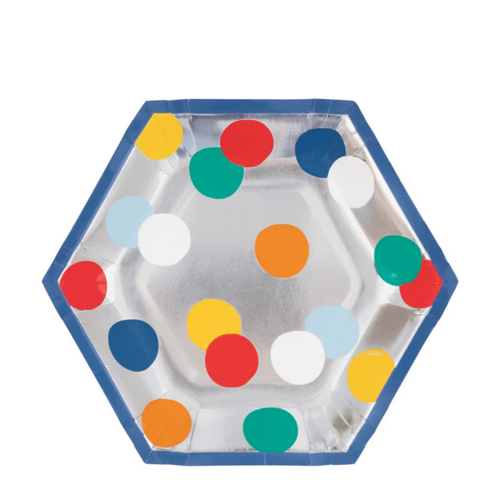 Happy Birthday Dots Foil Hexagon 8.25in Plates 8ct