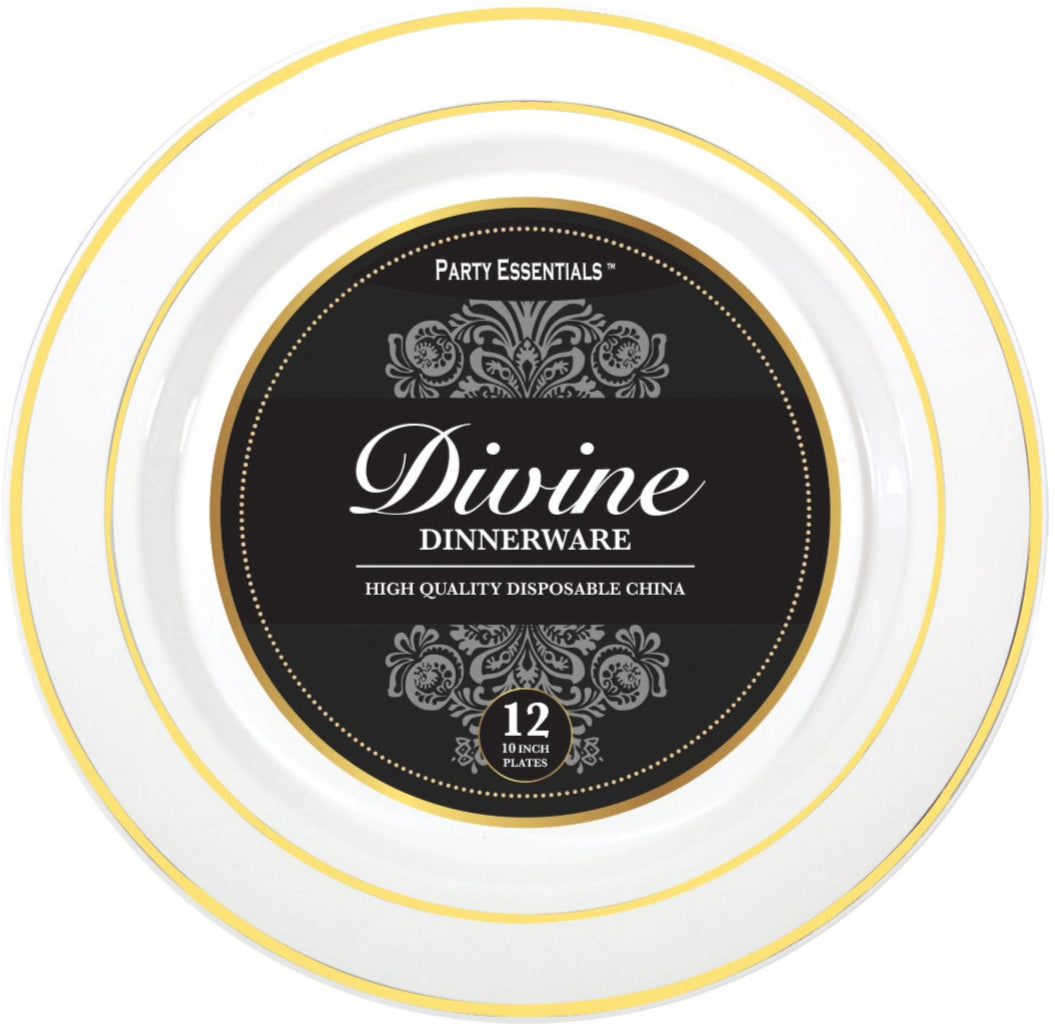 White Premium Plastic Plates & Bowls With Gold Rim 12ct