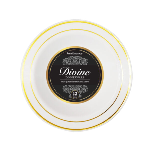 White Premium Plastic Plates & Bowls With Gold Rim 12ct