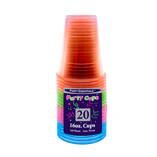 16 oz. Soft Plastic Cups - Assorted Neons 20 Ct.
