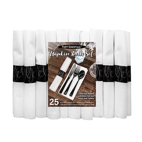 Linen-Feel Napkin Rolls With Cutlery - Black 25 Ct.