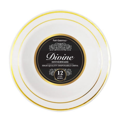 White Premium Plastic Plates & Bowls With Gold Rim 12ct