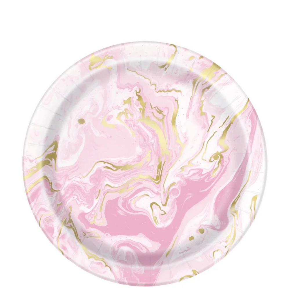 Pink Foil Marble Round 7in Dessert Plates 8ct