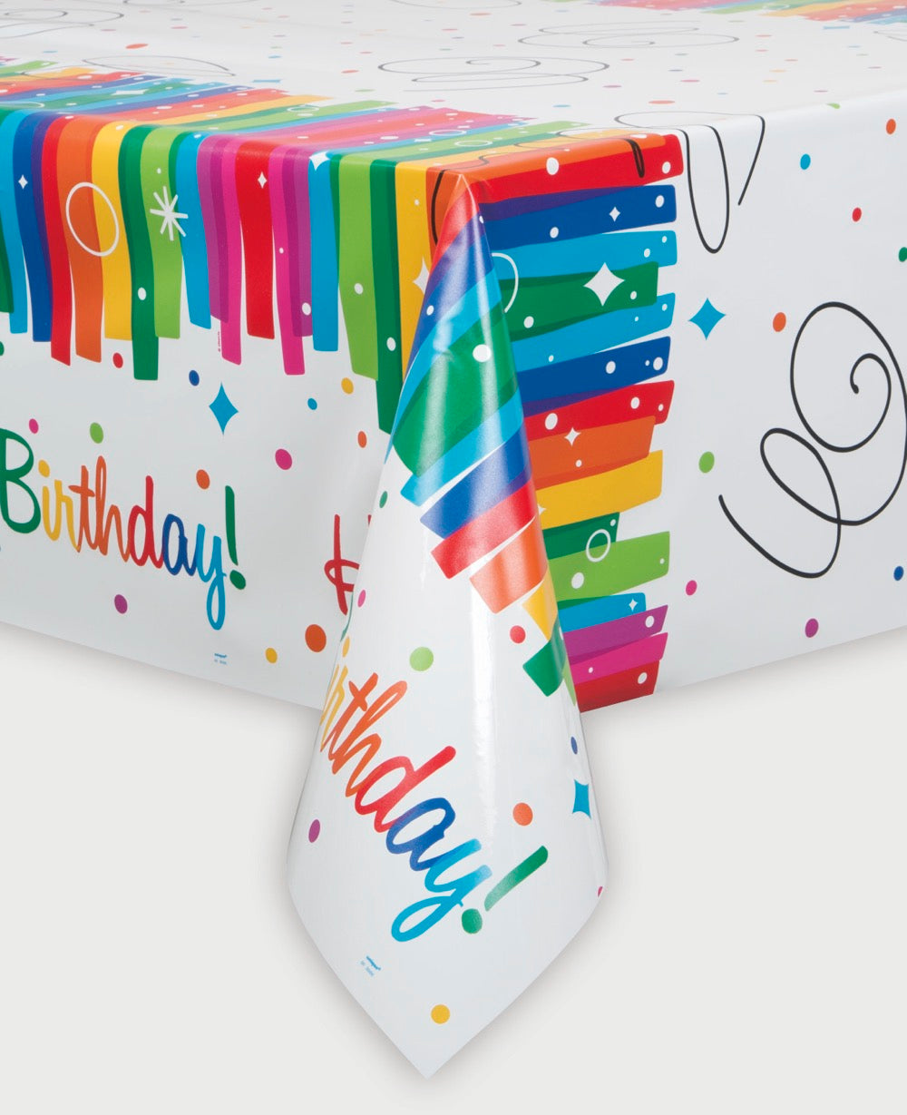 Rainbow Ribbons Birthday Rectangular Plastic Table Cover 54in x 84in