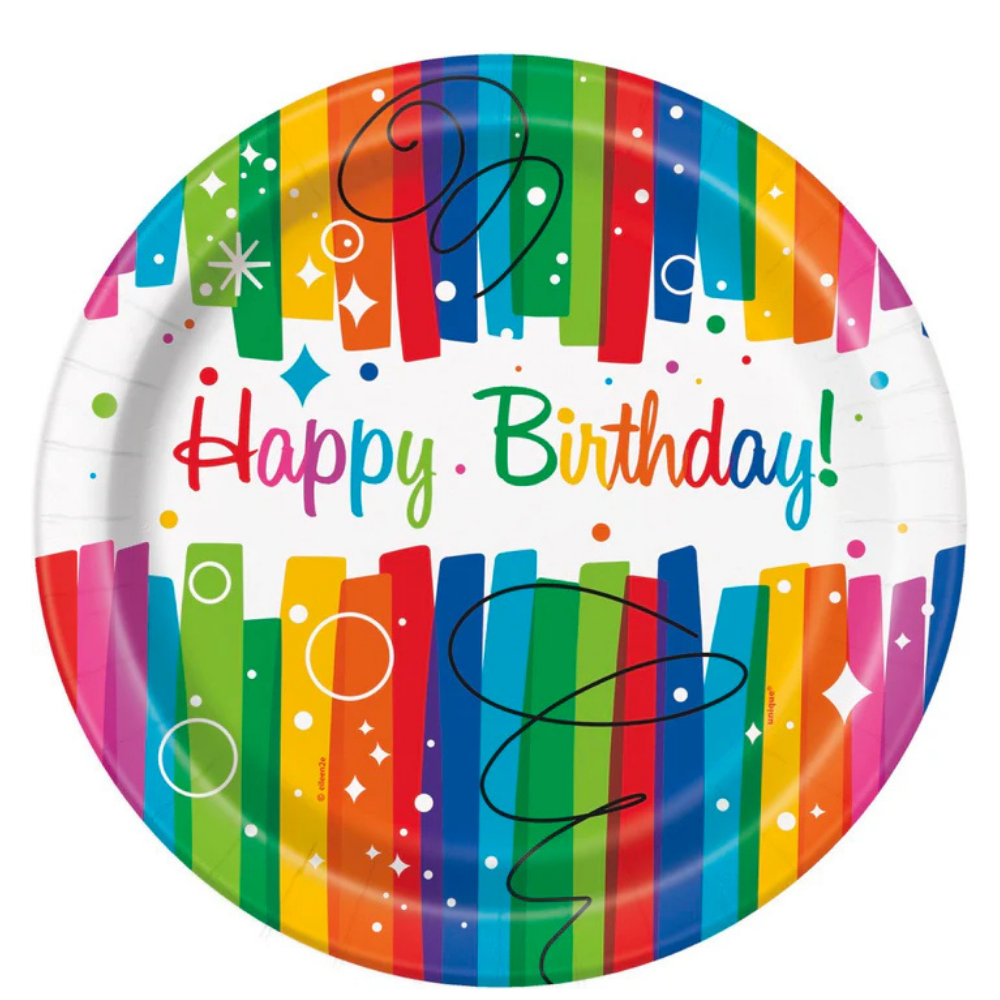 Rainbow Ribbons Birthday Round 9in Dinner Plates 8ct