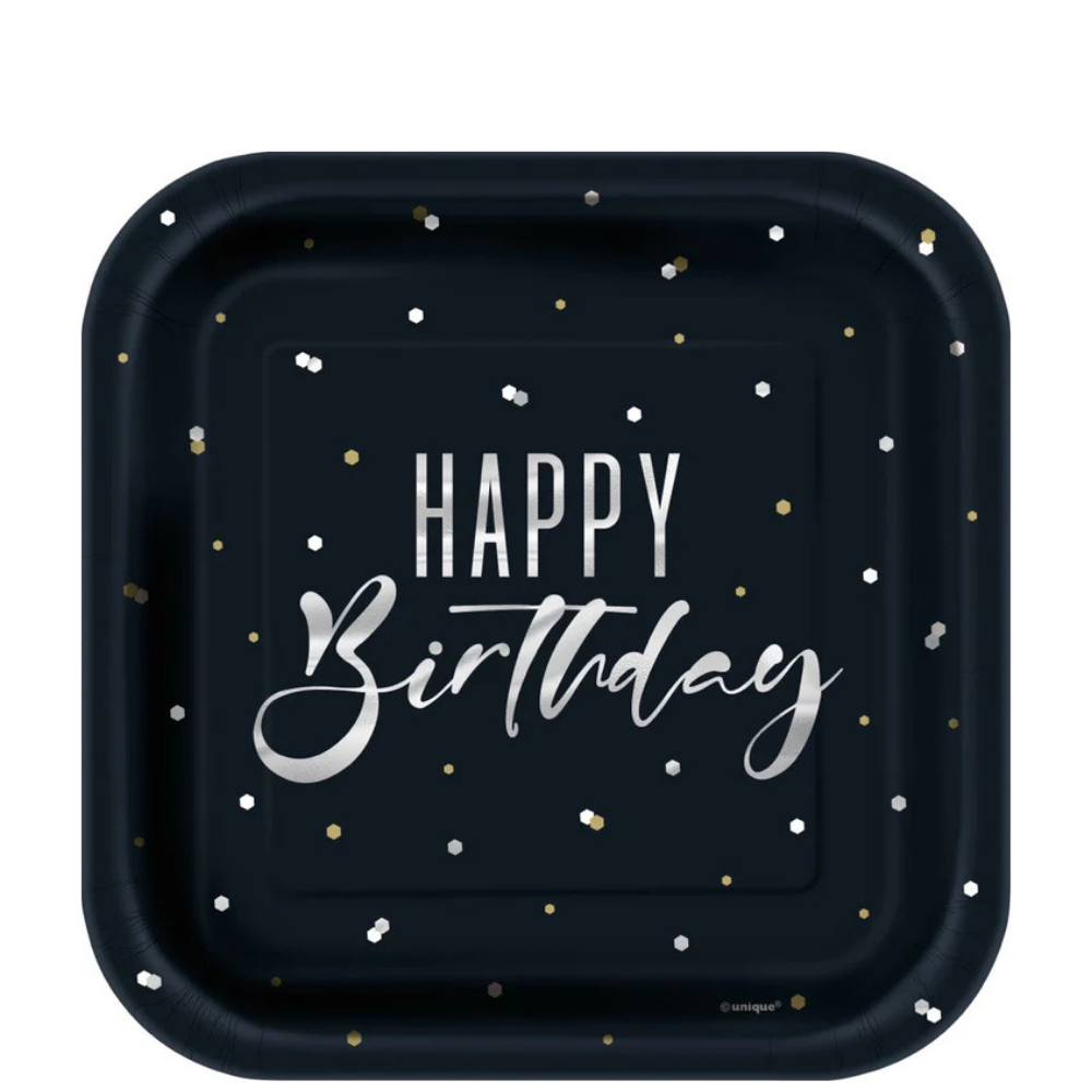 Silver Happy Birthday Square 7in Dessert Plates 8ct Foil