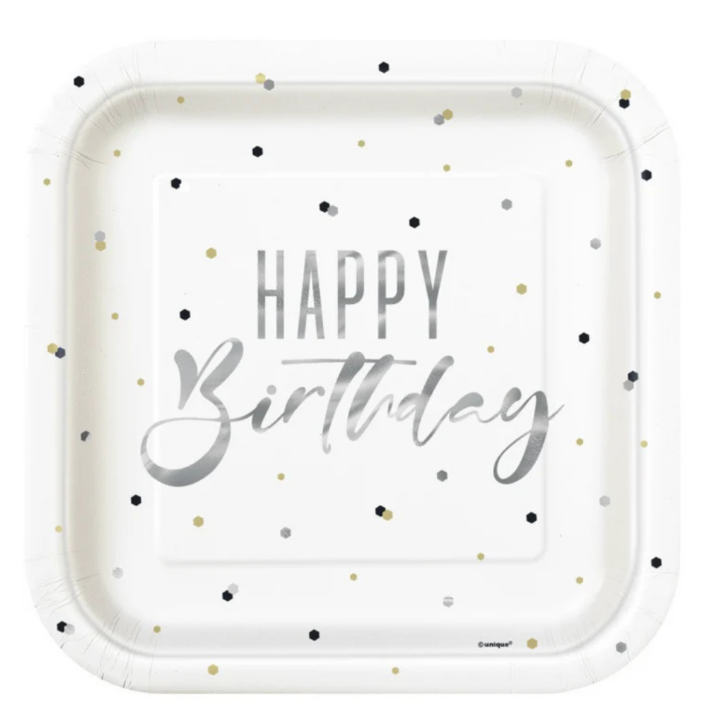 Silver Happy Birthday Square 9in Dinner Plates 8ct Foil