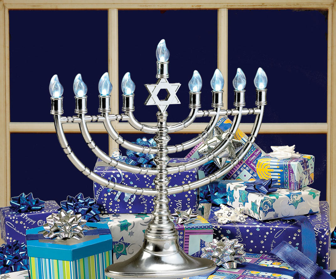 Silvertone LED Menorah with Clear Bulbs