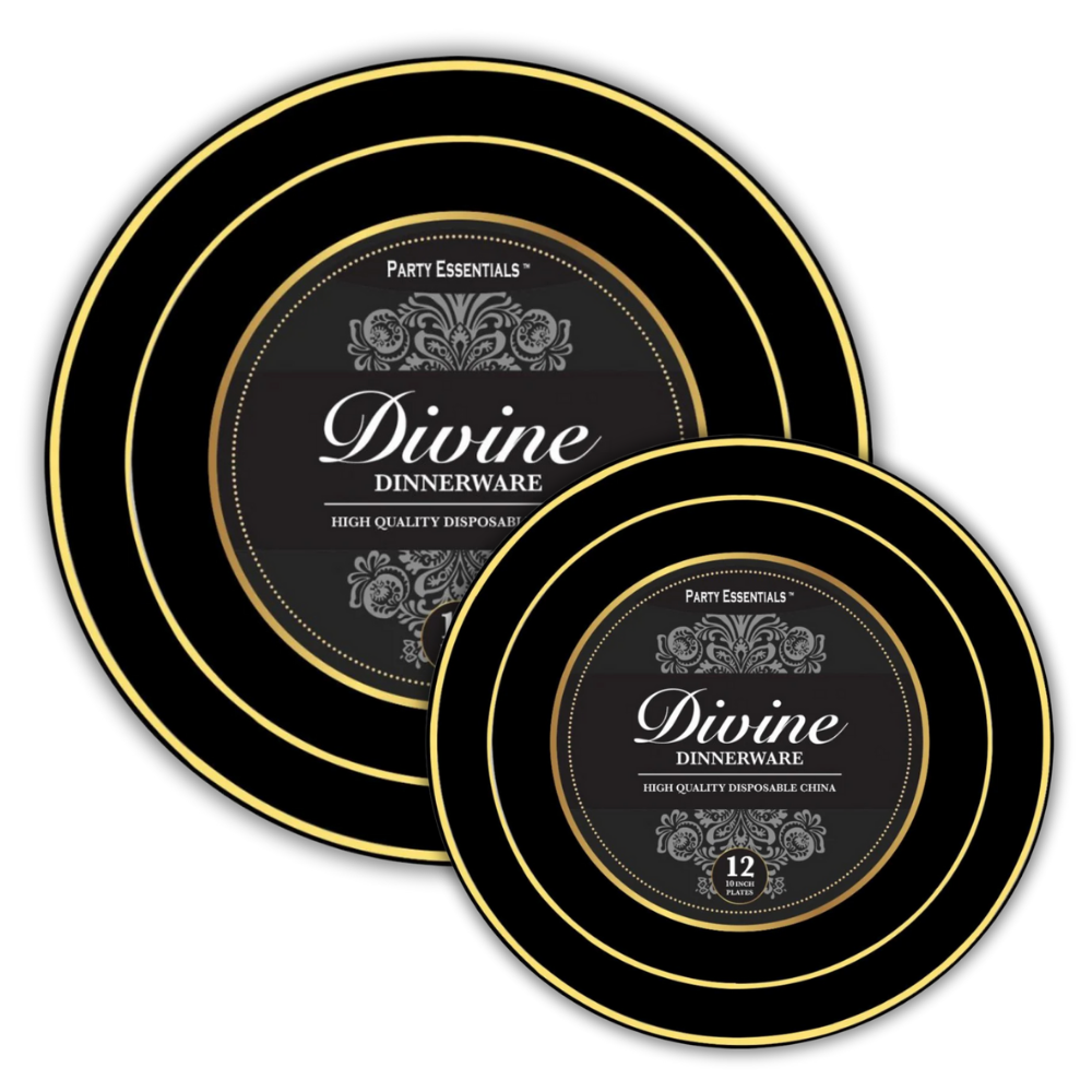 Black Plastic Plates Gold Rim 12ct