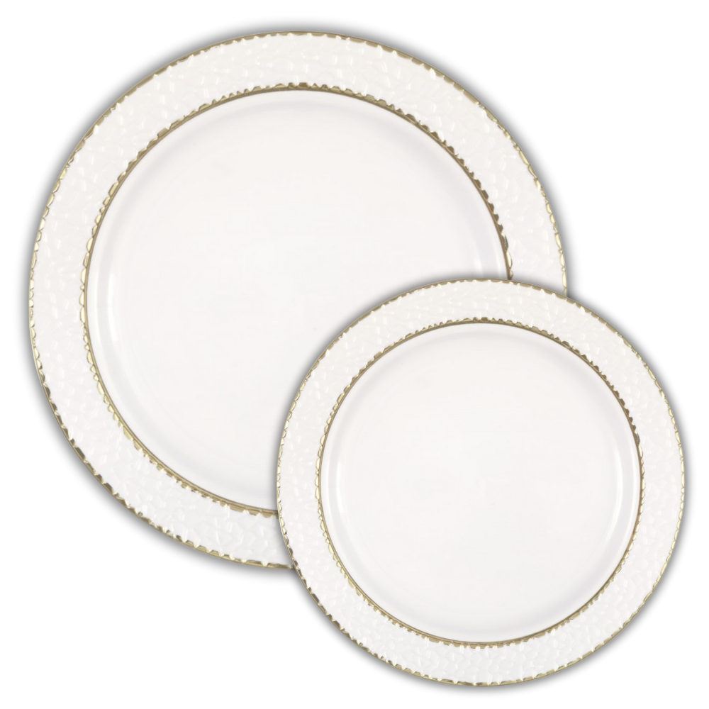 White Plastic Plates with Hammered and Gold Foil Edge 8ct