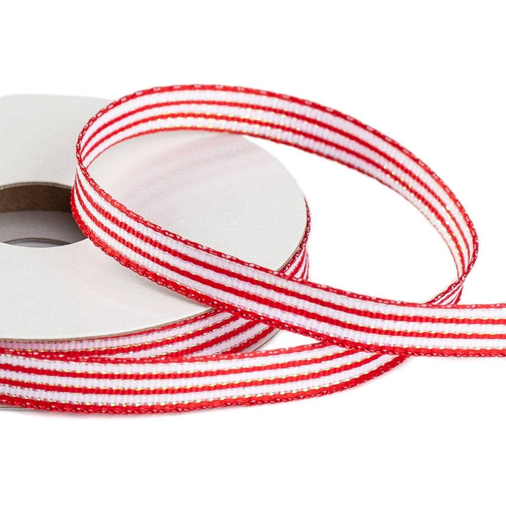 Red & White Ticking Wired Ribbons (6 Spools @ 10yds long)
