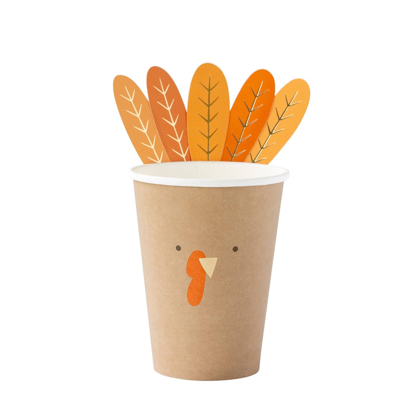 Paper cup with a turkey design and paper feathers on a white background