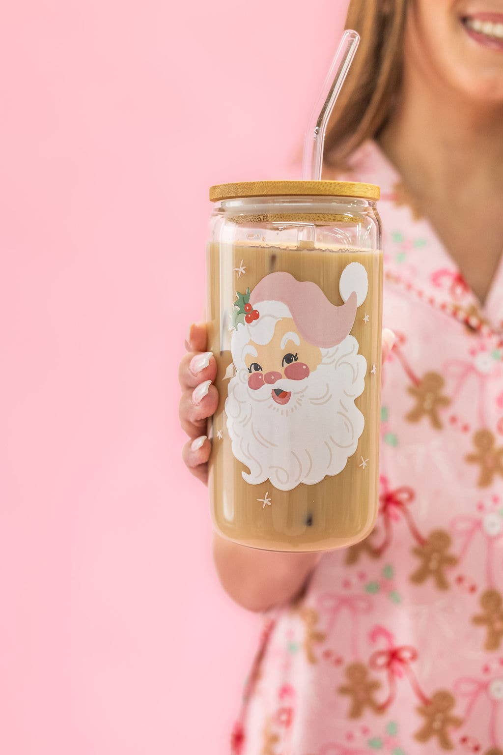 Holly Jolly Santa - Christmas Latte Glass With Lid & Straw