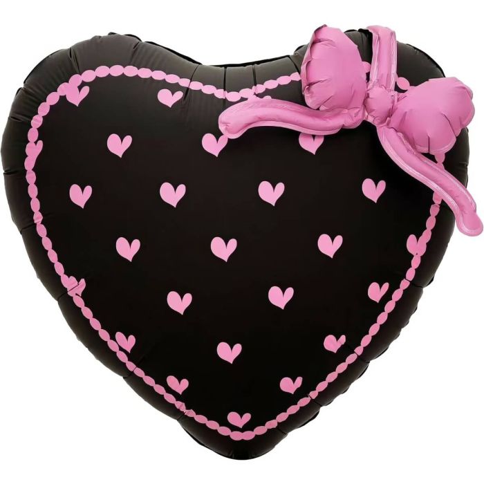 #480 Pink Trim Black Floral Heart with Pink Bow 22in Balloon