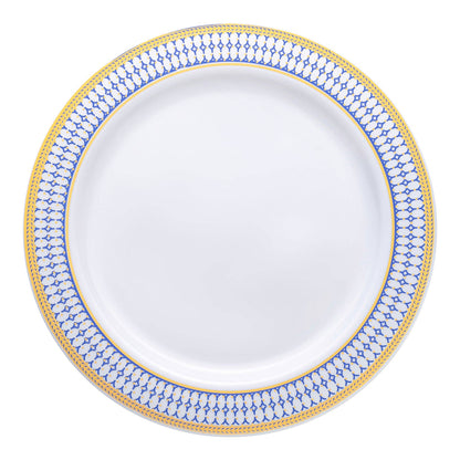 7.5" White w/ Blue & Gold Rim Plastic Salad Plates - 10 pcs