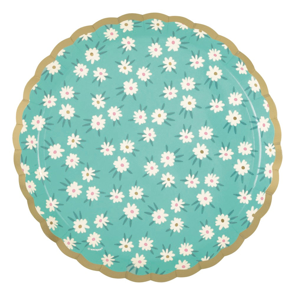 Spring Florals Mint Scalloped Edge 8.25in Dessert Plates 8ct - Foil Stamping