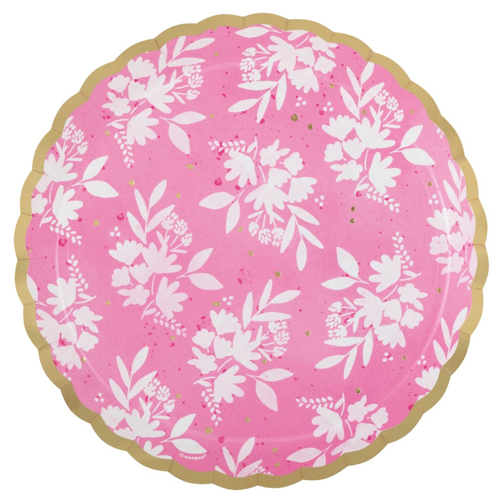 Spring Florals Pink Scalloped Edge 8.25in Dessert Plates 8ct - Foil Stamping