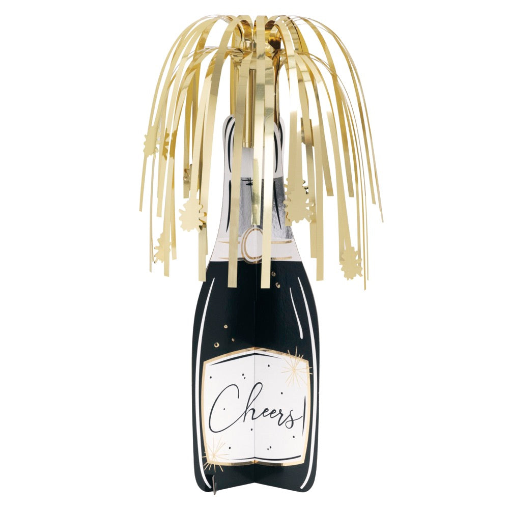 Champagne Bottle Shaped Centerpiece with Gold Foil Fringe