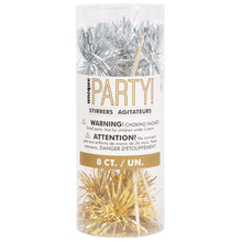Assorted Gold & Silver Tinsel Pom Pom Bamboo Drink Stirrers 8ct