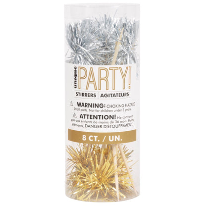 Assorted Gold & Silver Tinsel Pom Pom Bamboo Drink Stirrers 8ct
