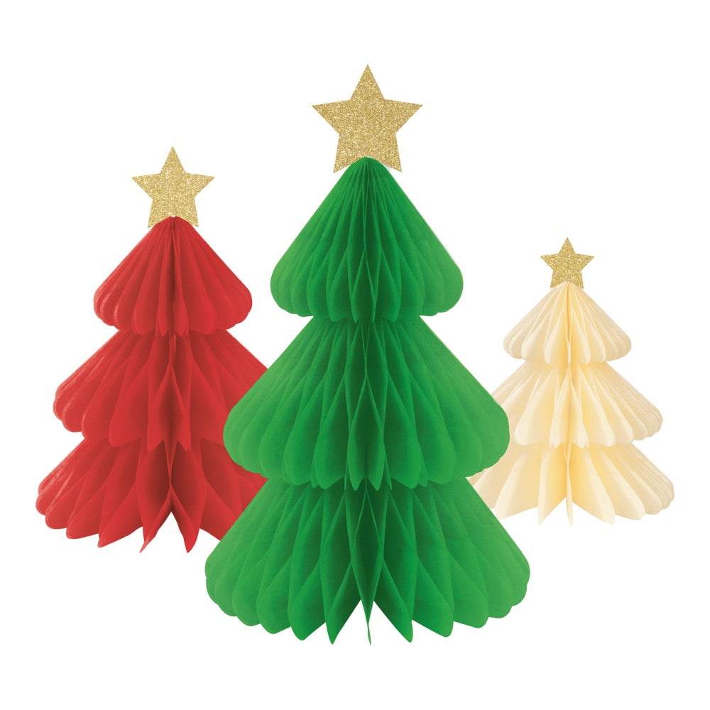 Red Green & Cream Tree Honeycomb Tissue Centerpieces with Gold Stars 3pc
