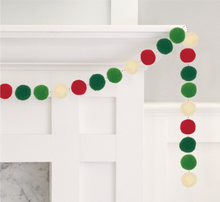 Red Green & Cream Christmas Felt Pom Pom Garland 7 ft