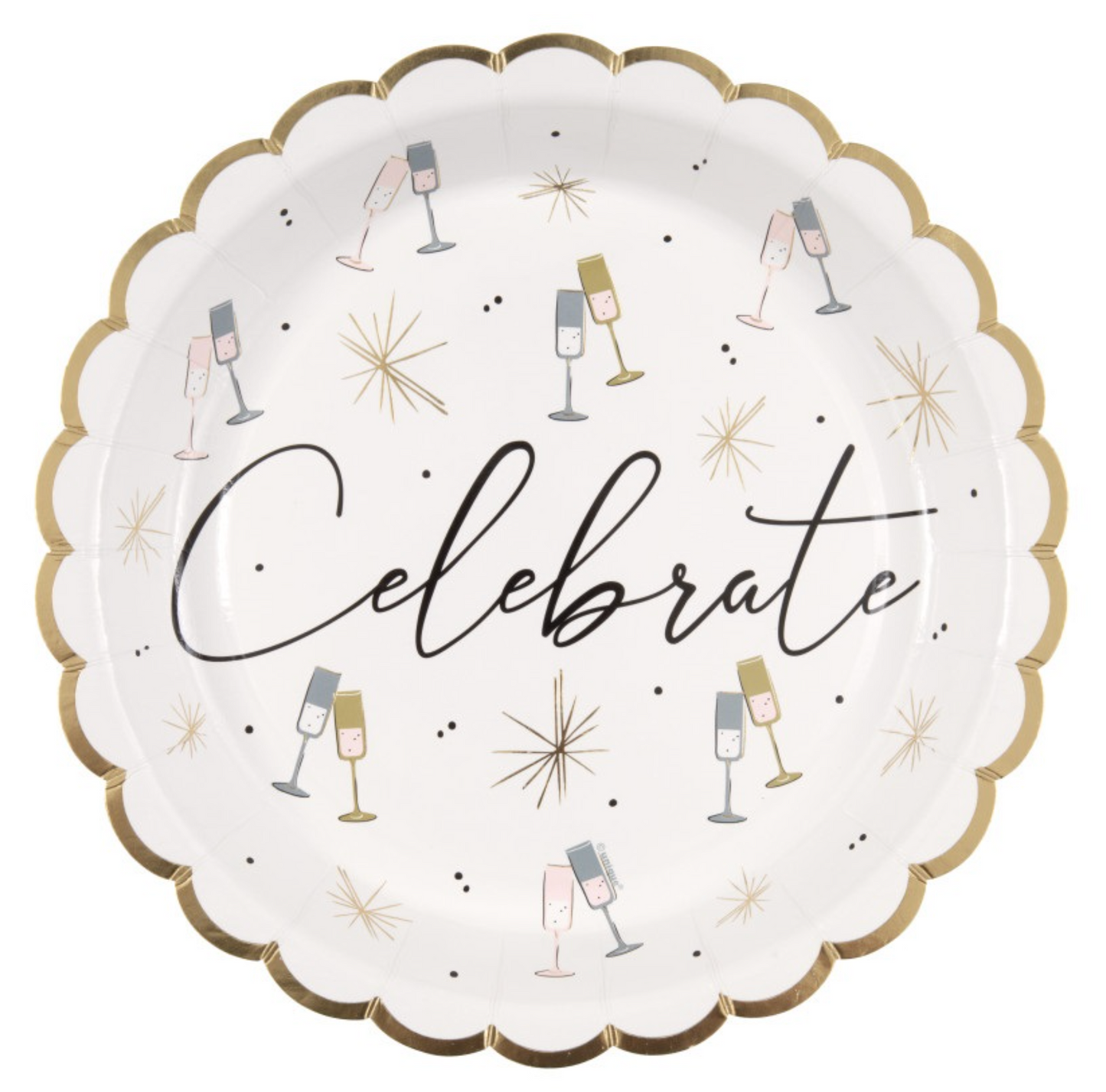 Toasting New Years Celebrate Scalloped Edge Round Foil 9in Dinner Plate 8ct