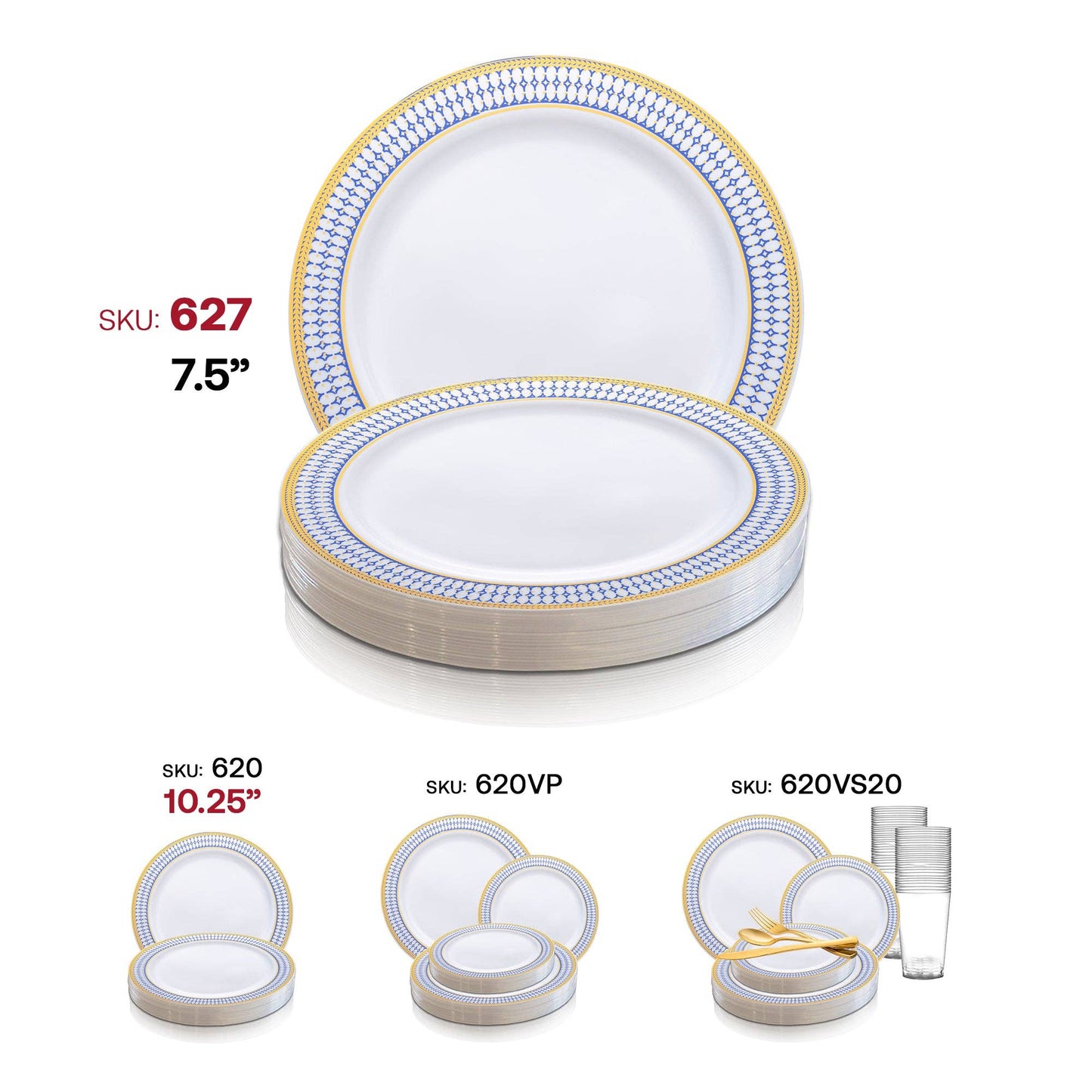 7.5" White w/ Blue & Gold Rim Plastic Salad Plates - 10 pcs