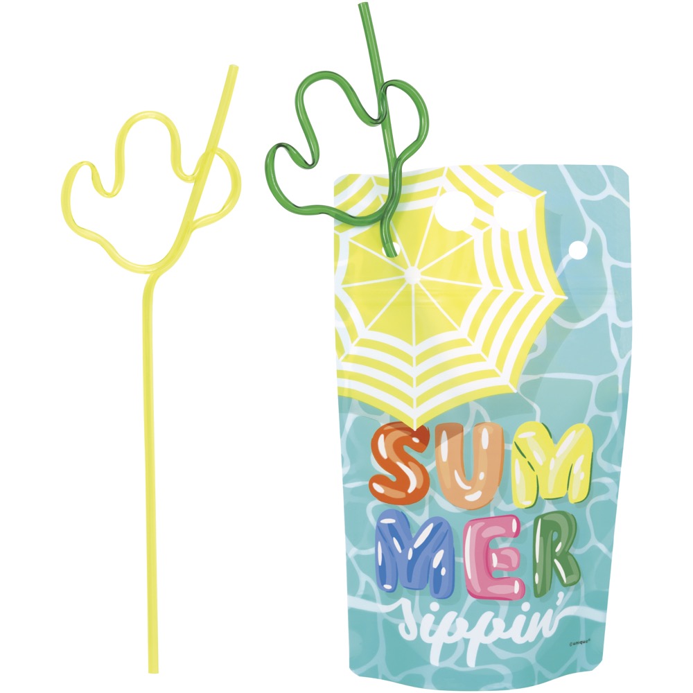 Summer Fun Summer Sippin 18oz Drink Pouches with Cactus Shaped Straws 4ct
