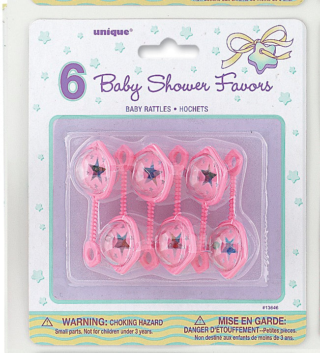 Pink Baby Rattle Favors 2.5in 6ct