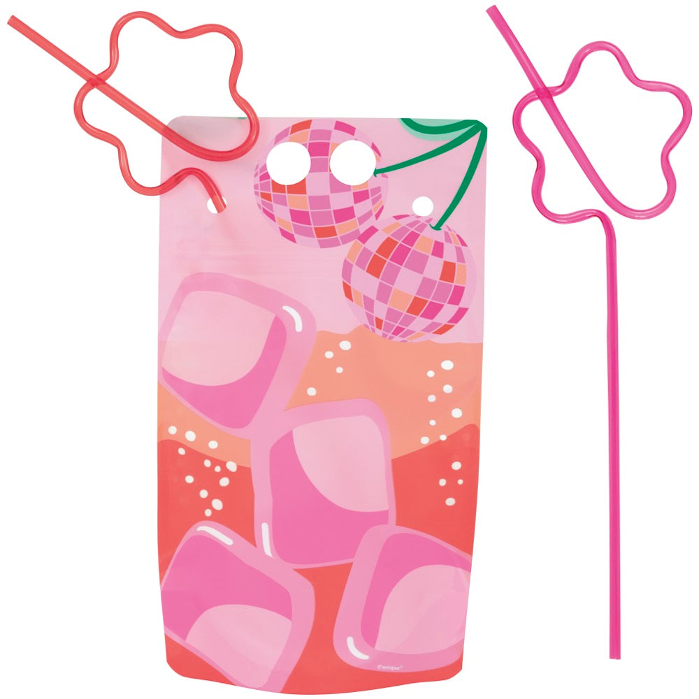 Summer Disco 18oz Drink Pouches with Flower Shaped Straws 4ct