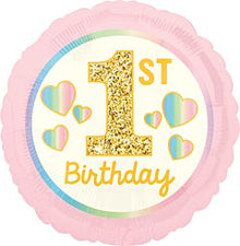 Girl 1st Birthday Pink & Gold 18in Mylar Balloon