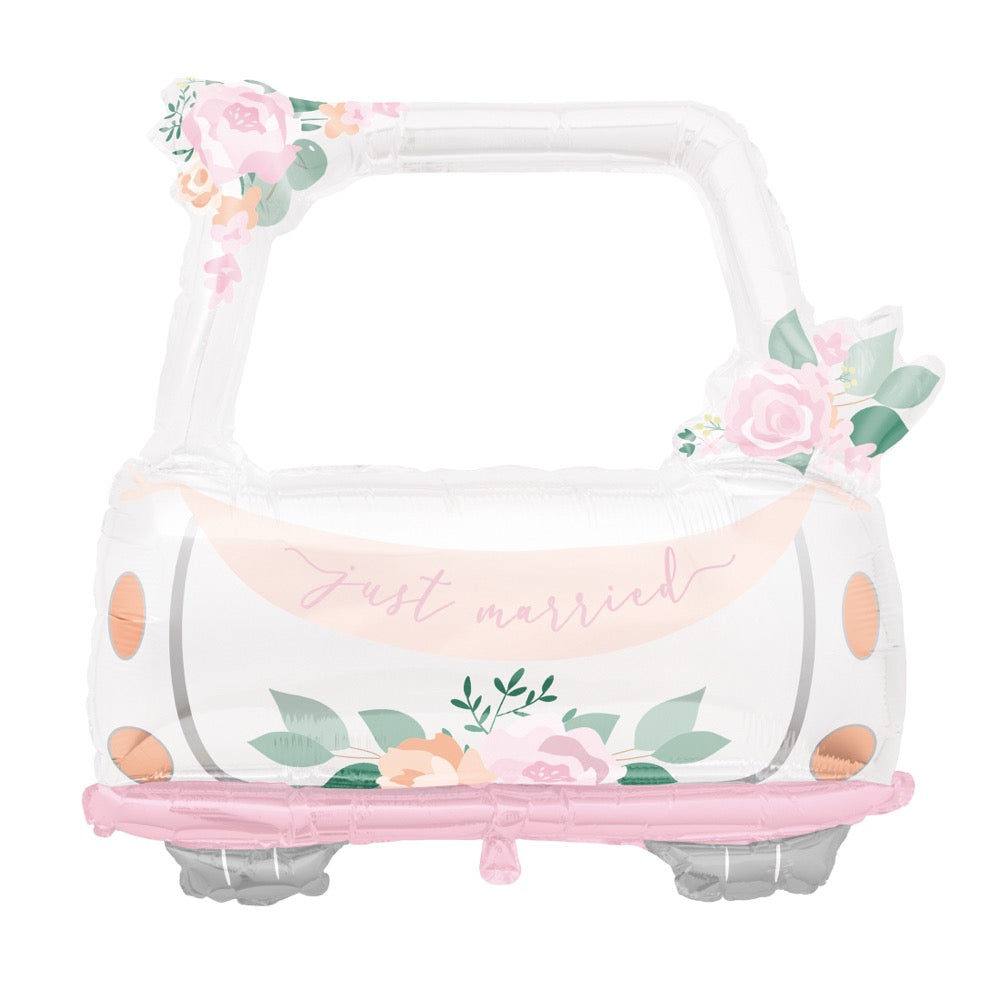 Pink Blooms Car Shaped Just Married 41in Mylar Balloon