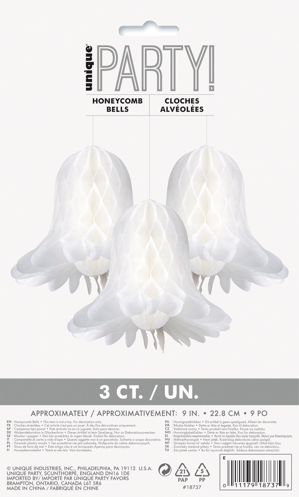 White Bells Honeycomb Decoration 9in 3ct