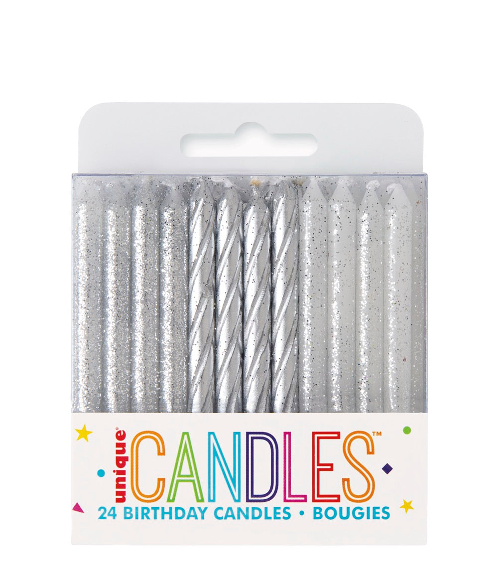 Glitter and Silver Spiral Birthday Candles - Assorted 24ct