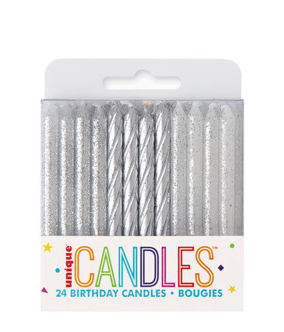 Glitter and Silver Spiral Birthday Candles - Assorted 24ct