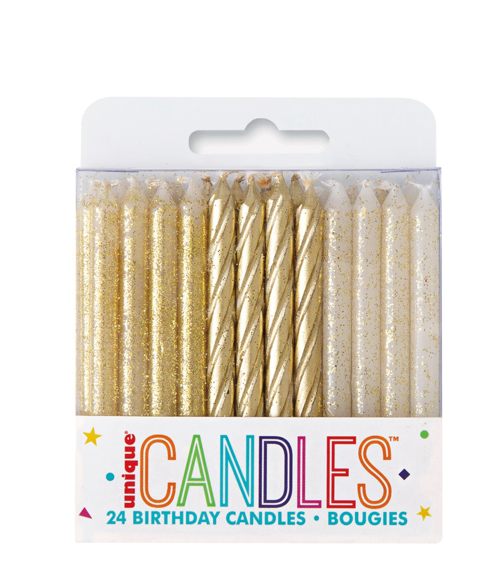 Glitter and Gold Spiral Birthday Candles - Assorted 24ct